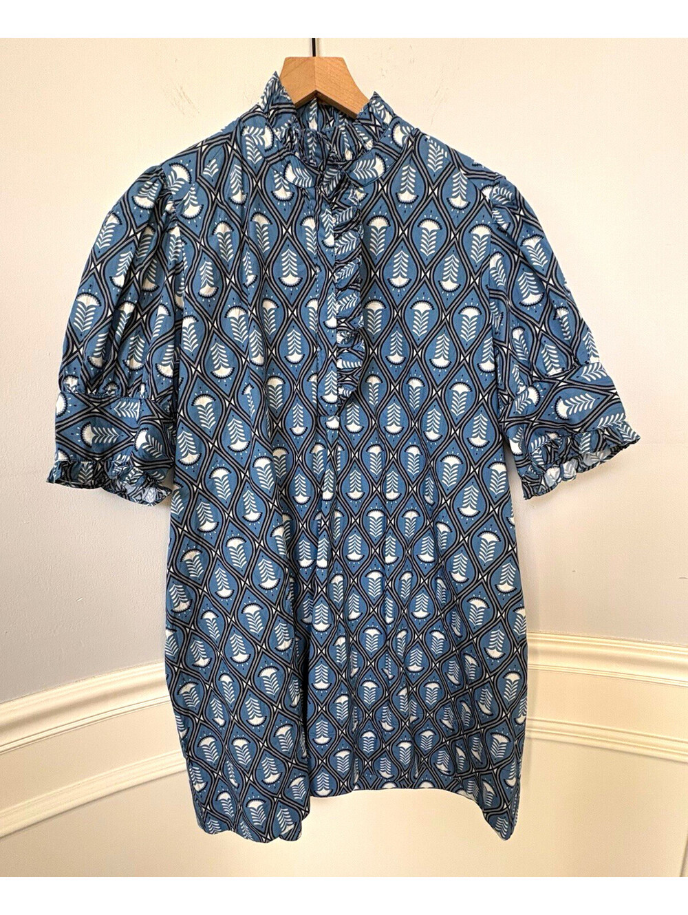 NavyBleu Women’s Shirt Dress XL Blue Geometric Cotton Ruffle Button Collared